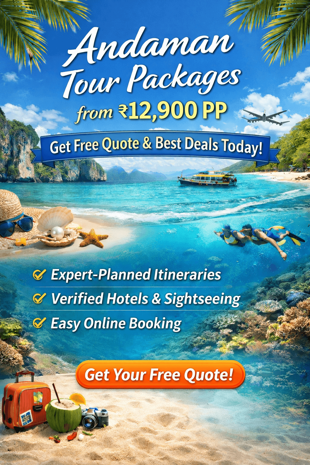 Explore Andaman with tropical beaches, snorkeling, cruise experiences, expertly planned itineraries, and a prominent free quote call-to-action
